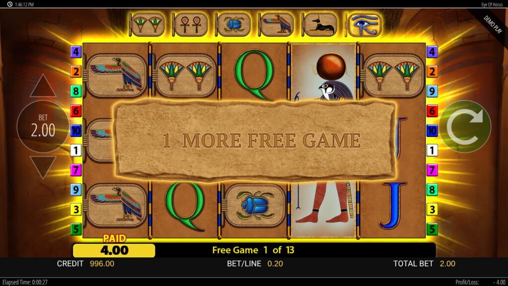 Eye of Horus free game one showing a 1 More Free Game message after a Horus wild landed
