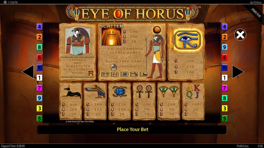 Eye of Horus paytable with the Horus wild, the temple door scatter and the tablet symbol pays