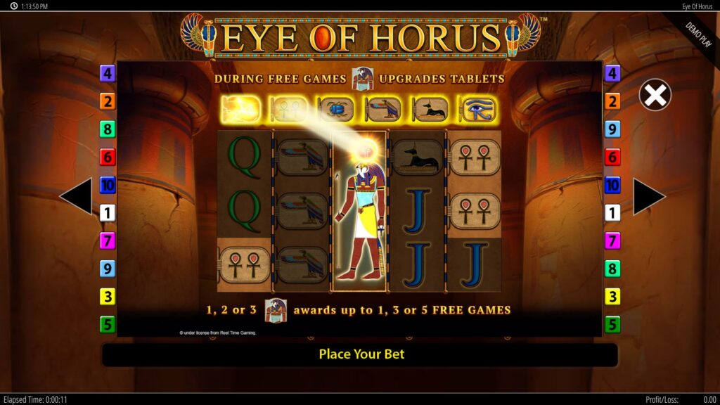 Eye of Horus paytable page showing the free games tablet upgrade order and extra free games for Horus