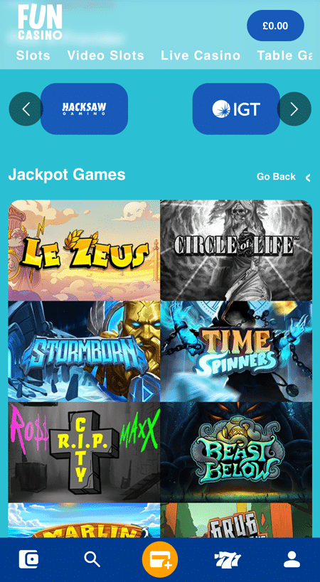 Jackpot Games section at Fun Casino with Le Zeus, Circle of Life and Stormborn