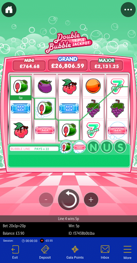 Fruit symbols and the Bubble Line feature on the Double Bubble Triple Jackpot reels