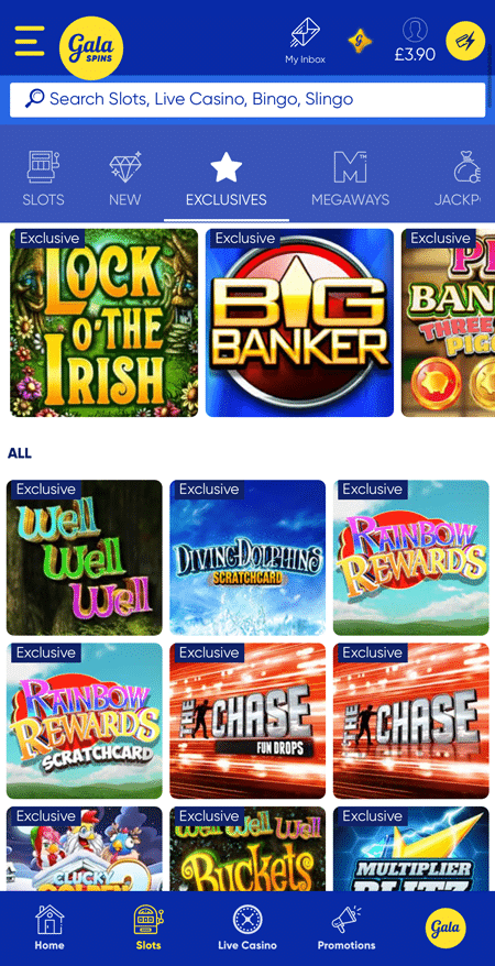 Gala Spins app menu with Slots, New, Exclusives, Megaways and Jackpots tabs
