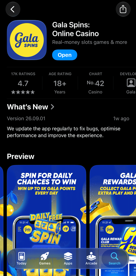Gala Spins app preview screens featuring a daily free spin and the Gala Rewards Club