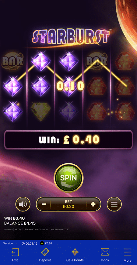NetEnt's Starburst slot played in the Gala Spins app at 20p a spin