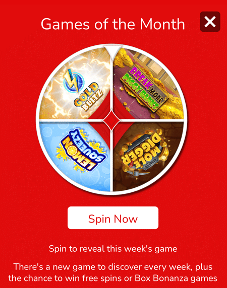 Virgin Games Game of the Month wheel split into four slots