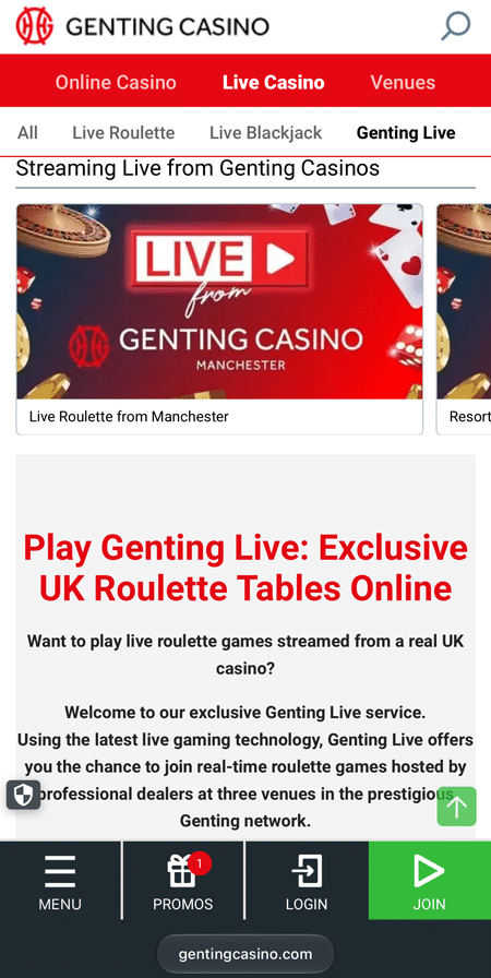 Live Roulette from Manchester table card under the Streaming Live from Genting Casinos heading