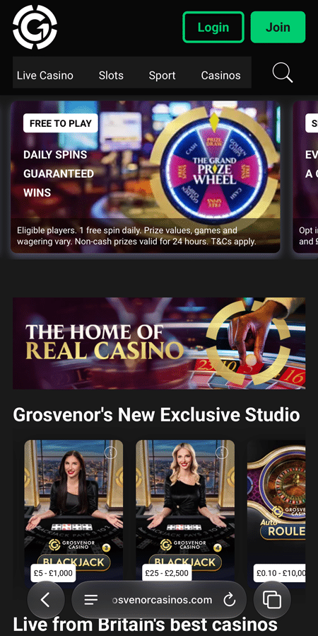 Grosvenor Casino layout with Live Casino, Slots, Sport and Casinos tabs above a promotions carousel