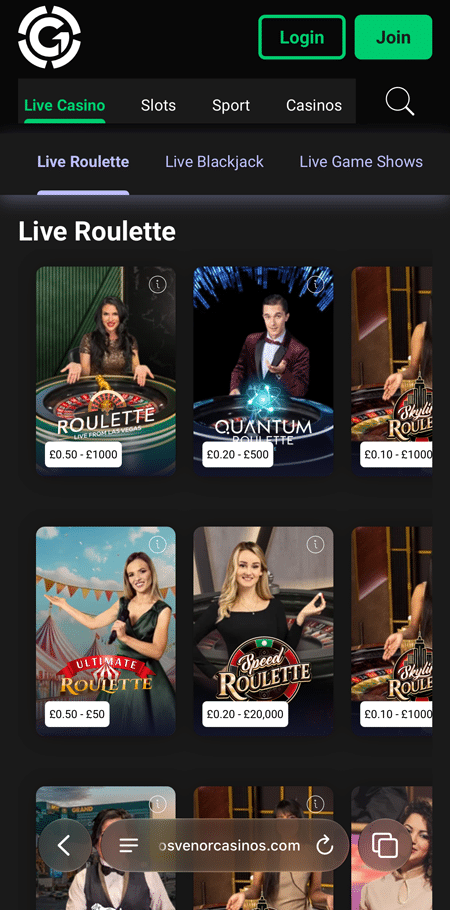 Live roulette tables at Grosvenor Casino with stake ranges from 10p to £20,000