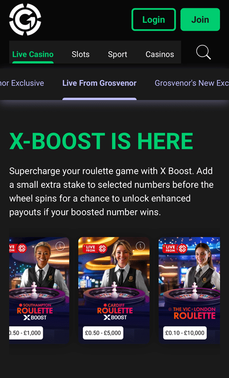 Live From Grosvenor tab with X-Boost roulette tables streamed from Southampton and Cardiff