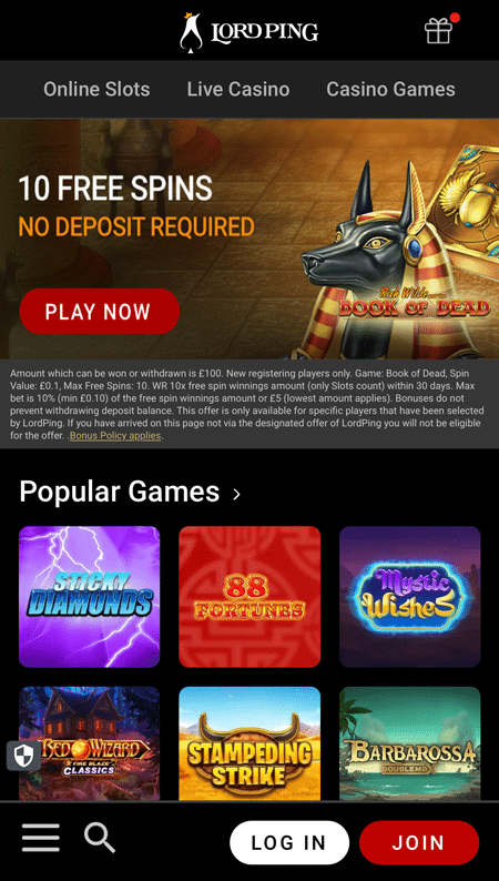 Lord Ping homepage banner offering 10 free spins with no deposit required on Book of Dead