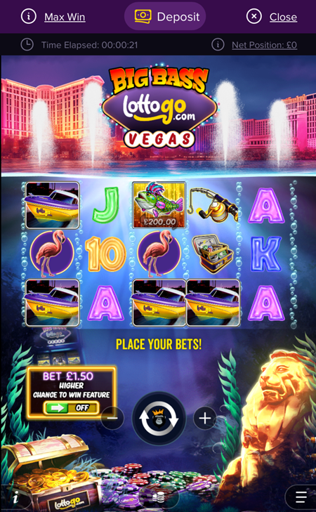 Big Bass LottoGo Vegas slot on mobile, with LottoGo-branded boats on the reels and a Las Vegas backdrop