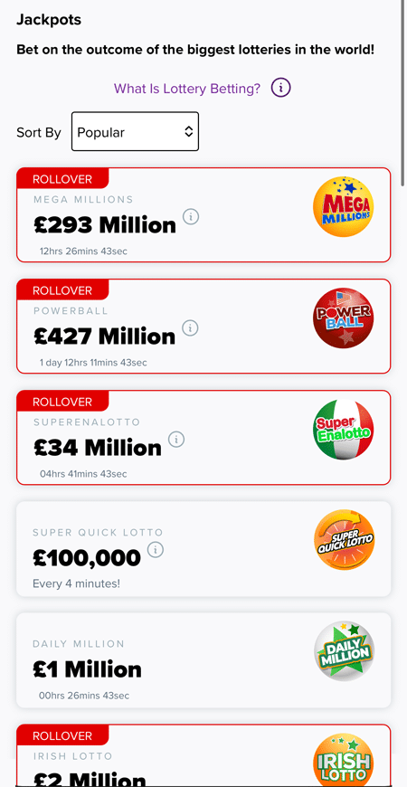 LottoGo lottery betting page listing Mega Millions, Powerball, SuperEnalotto and Super Quick Lotto jackpots