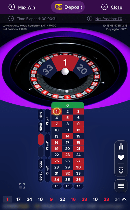 LottoGo Auto Mega Roulette live game on mobile with the betting table and wheel