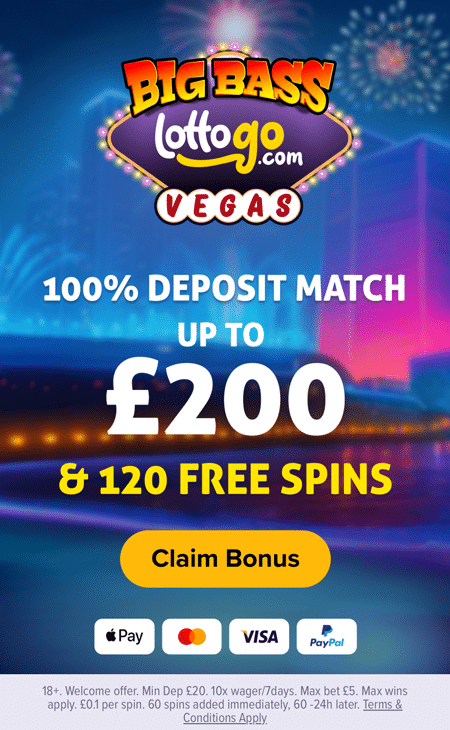 LottoGo welcome offer banner showing a 100% deposit match up to £200 and 120 free spins, with Big Bass LottoGo Vegas branding
