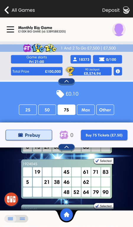 the Monthly Big Game ticket screen at OK Bingo
