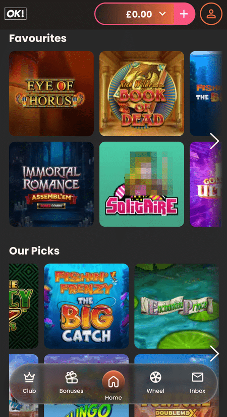 a screenshot of the slot games at OK Bingo