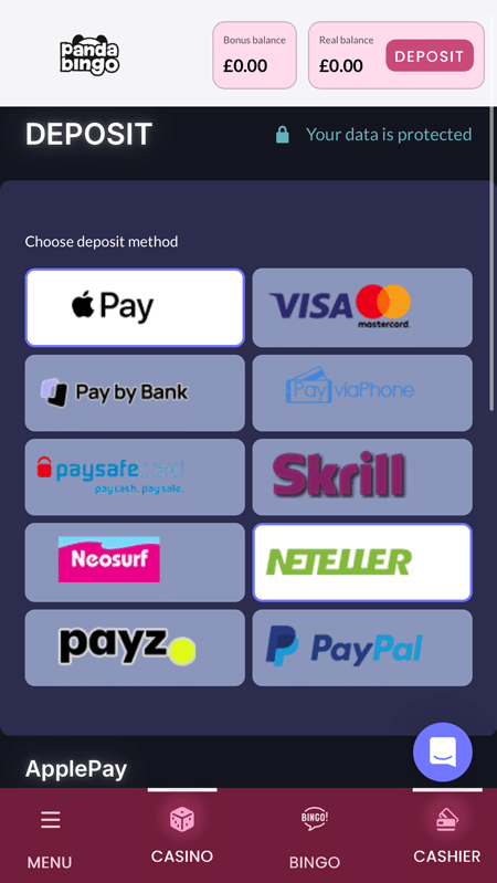 Panda Bingo deposit page with tiles for Apple Pay, Visa and Mastercard, Pay by Bank and PayviaPhone