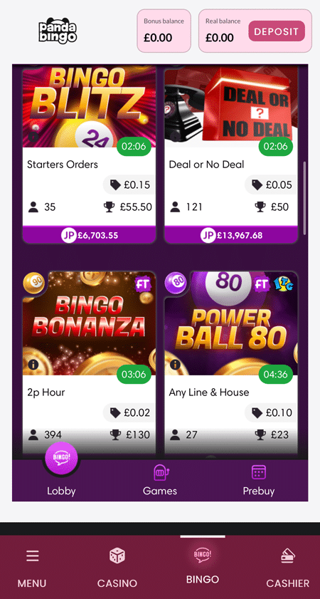 Bingo Blitz, Deal or No Deal, Bingo Bonanza and Power Ball 80 room cards in the Panda Bingo lobby
