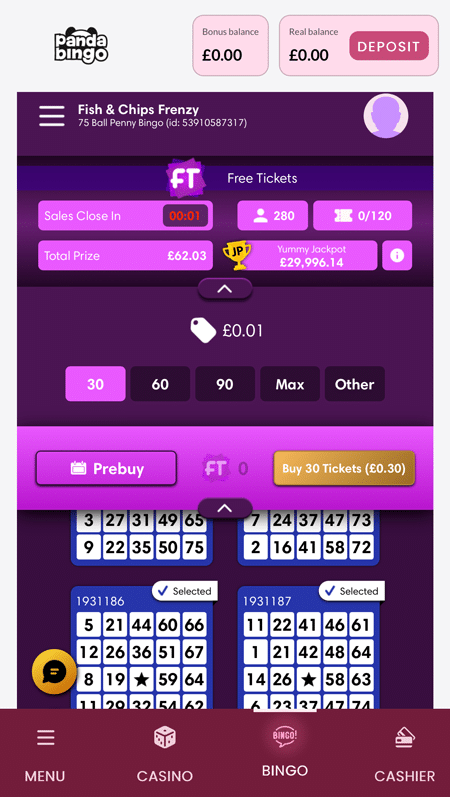 Fish & Chips Frenzy 75-ball penny bingo room with 280 players