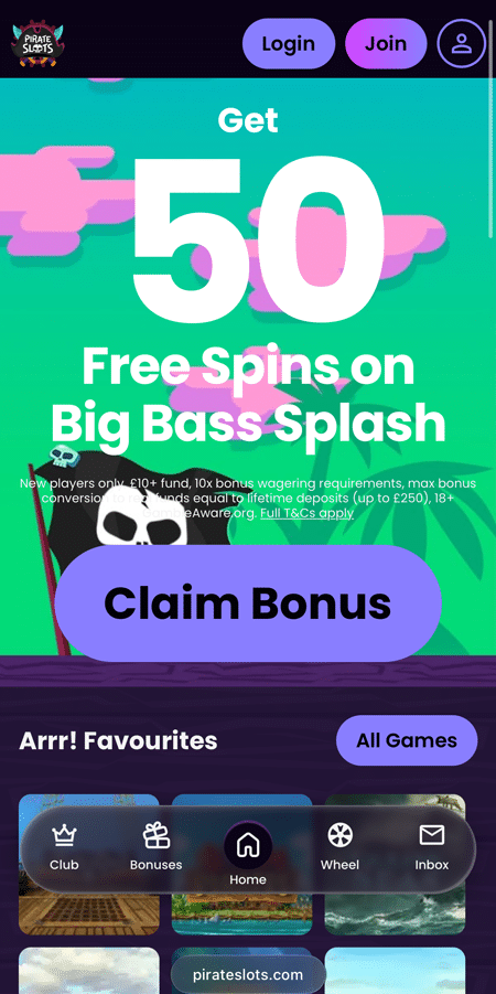 Pirate Slots welcome banner offering 50 free spins on Big Bass Splash