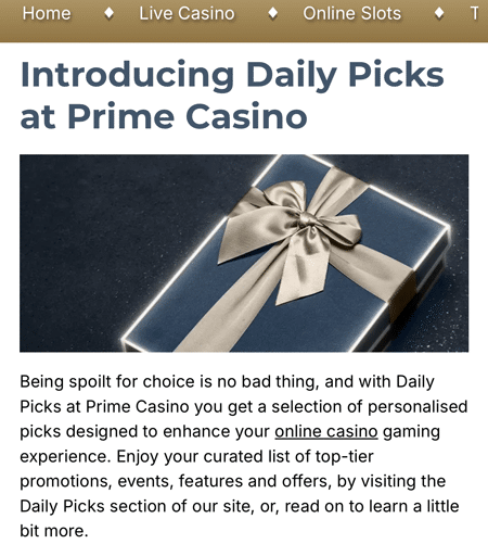 Daily Picks page at Prime Casino with a navy gift box tied in a champagne ribbon