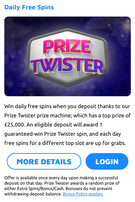 Spin Genie Prize Twister daily free spins promotion with a top prize of £25,000