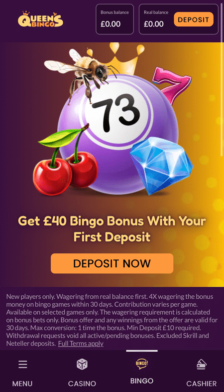 Get £40 Bingo Bonus With Your First Deposit headline in gold, above an orange Deposit Now button
