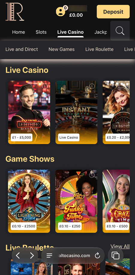 Rialto Casino Live Casino tab with Live and Direct, New Games and Live Roulette sub-menus