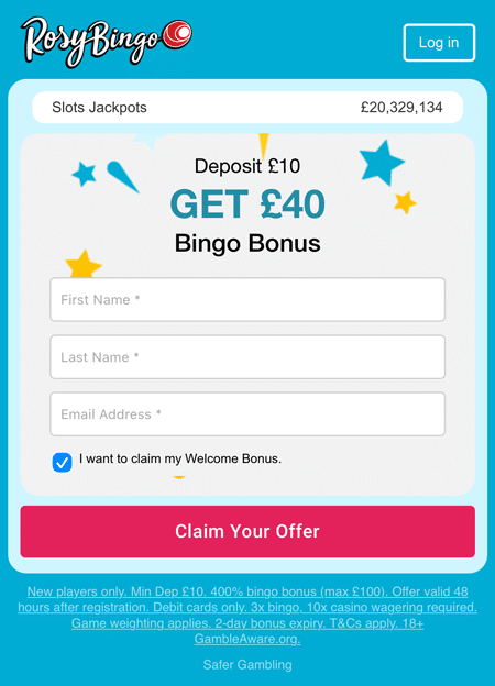 Rosy Bingo welcome page in blue, offering a £40 bingo bonus for a £10 deposit