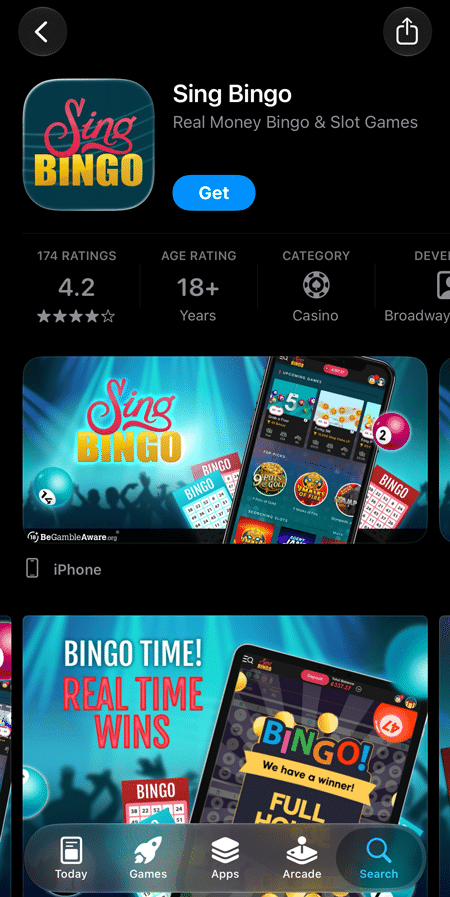 Sing Bingo on the App Store, rated 4.2 from 174 ratings with an 18+ age rating, listed under Casino