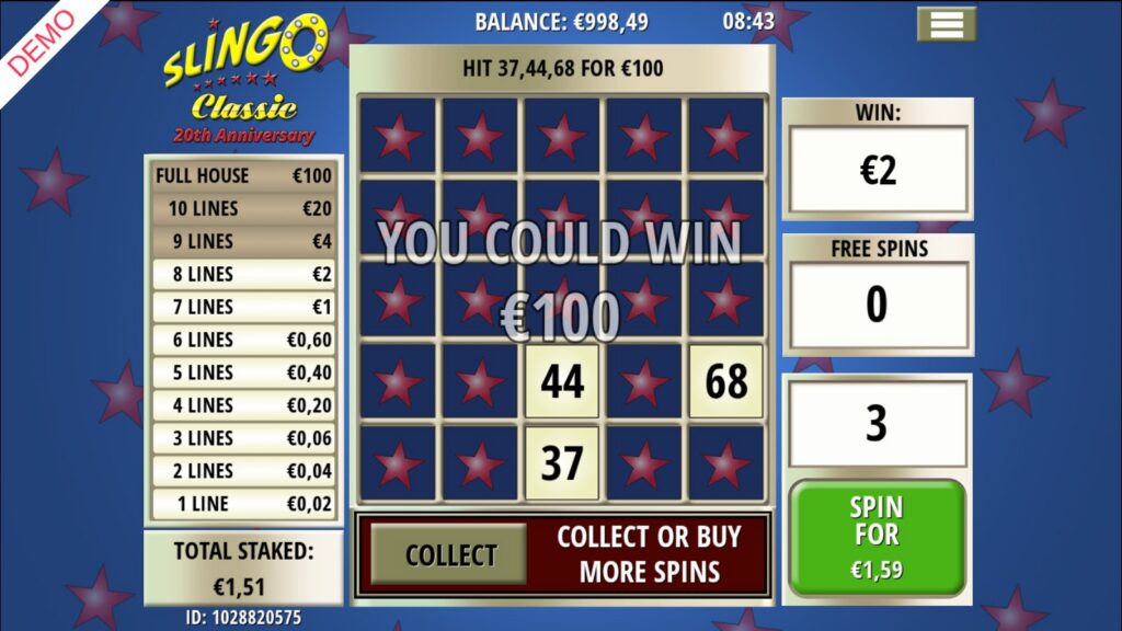 Slingo Classic extra spin priced at €1.59 with three numbers left for the full house