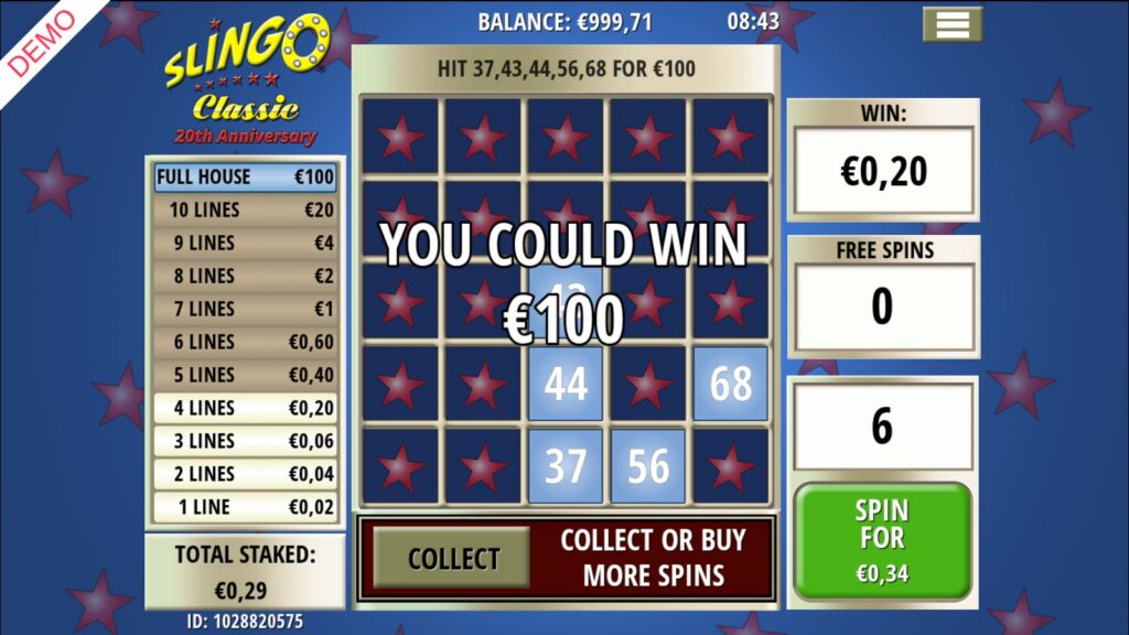 Slingo Classic extra spin priced at €0.34 with the full house five numbers away