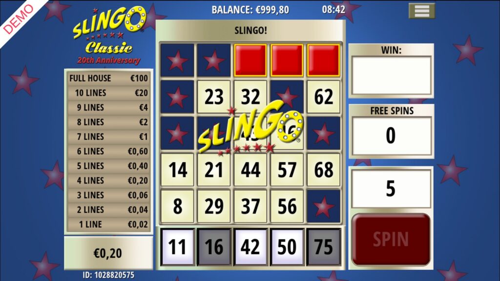 First Slingo completed on the top row in Slingo Classic