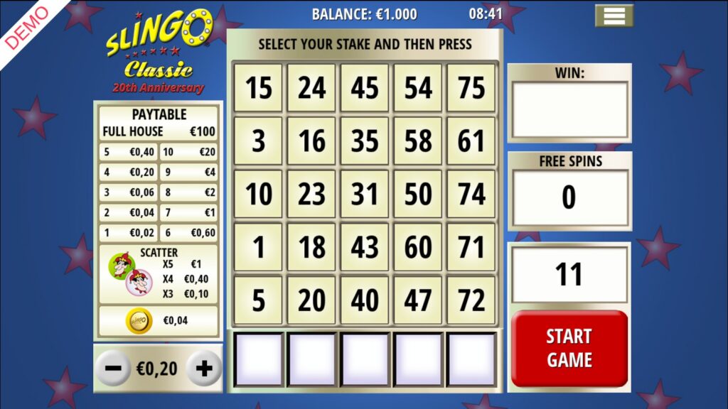 Slingo Classic grid and prize ladder before the first spin