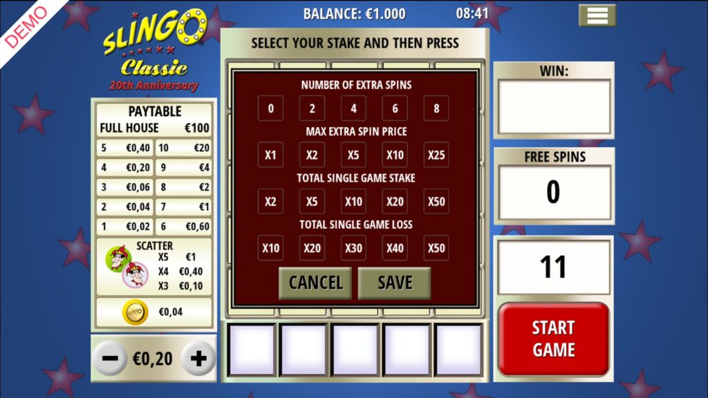 Slingo Classic Play Controls for extra-spin limits
