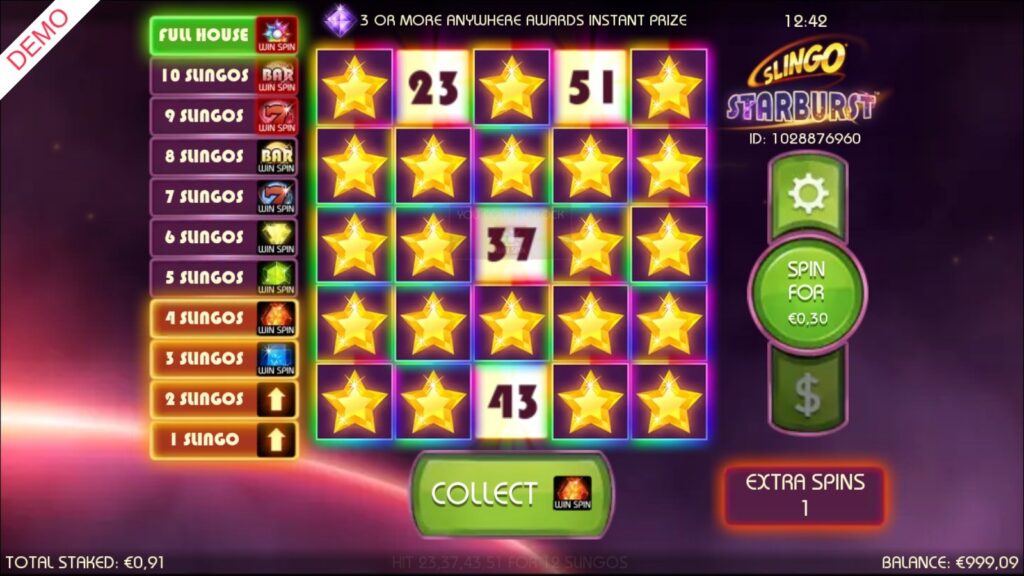 Slingo Starburst extra spin priced at €0.30 with four numbers left for the full house
