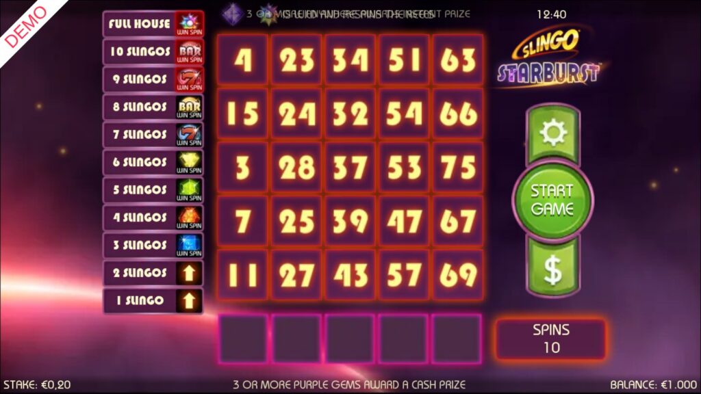 Slingo Starburst grid and Win Spin ladder before the first spin