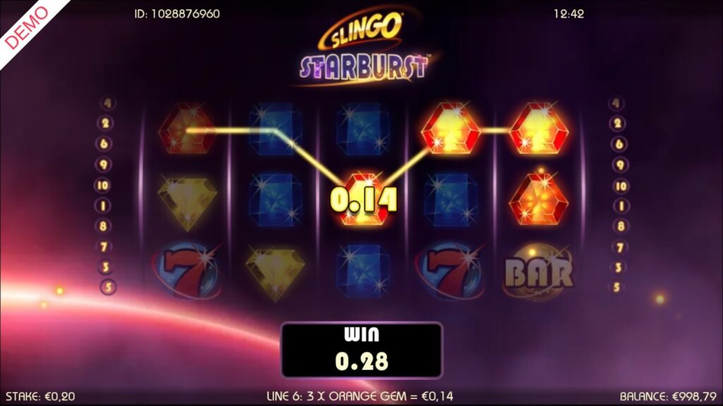 Orange gem Win Spin on the Starburst slot paying €0.14 on line 6