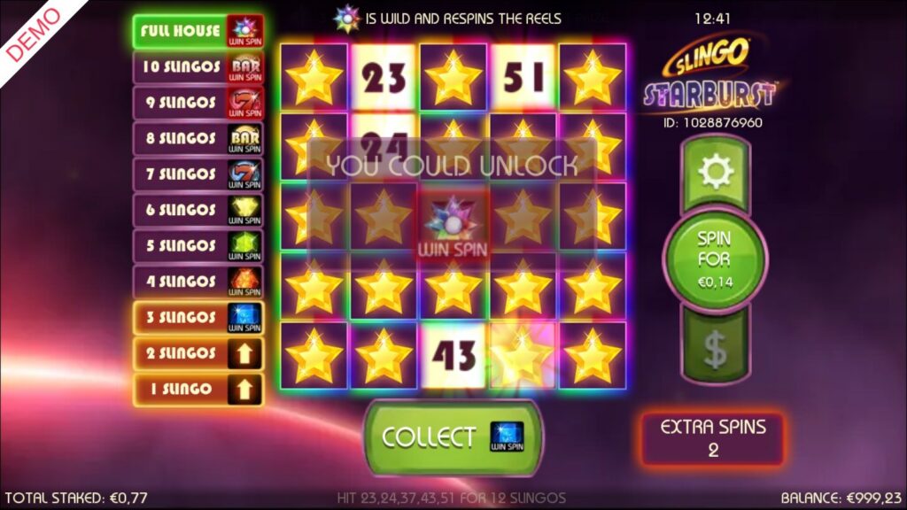 Slingo Starburst showing You Could Unlock over the full house Win Spin at €0.14 a spin