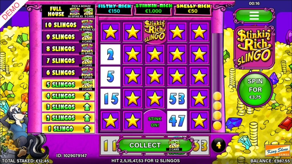 Slingo Stinkin' Rich Collect bar for Trash for Cash 2 cans beside a €3.75 extra spin, €12.45 staked