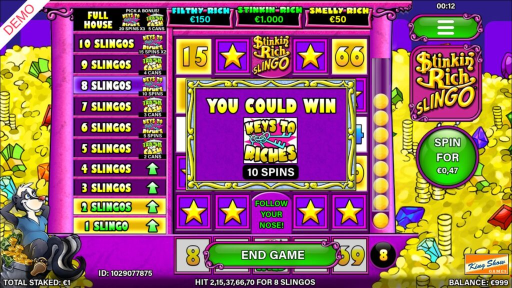 Slingo Stinkin' Rich offering a €0.47 extra spin with End Game below and Keys to Riches 10 spins as the possible prize