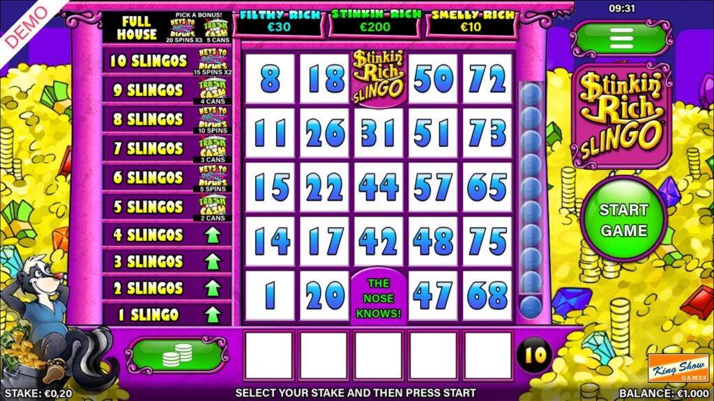 Slingo Stinkin' Rich grid and bonus ladder at a €0.20 stake before the first spin