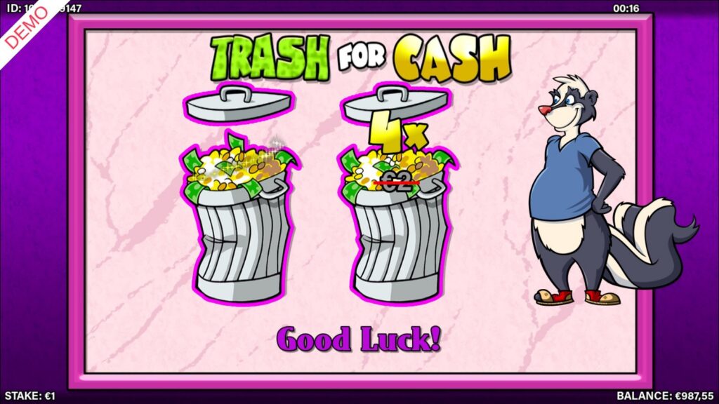 Trash for Cash bonus in Slingo Stinkin' Rich with a 4x multiplier over a crossed-out €2