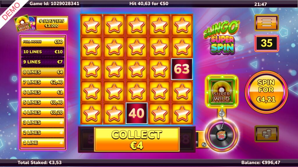 Slingo Super Spin grid with 23 squares marked, 40 and 63 needed for €50 and a €4.21 spin price