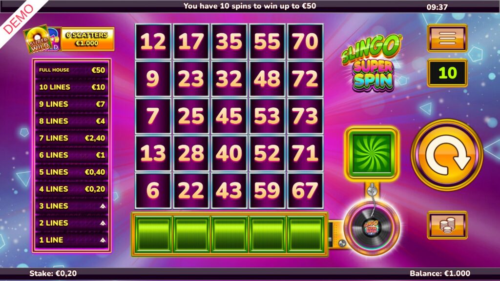 Slingo Super Spin start screen with the €50 full house and the 6 Scatters €1,000 badge