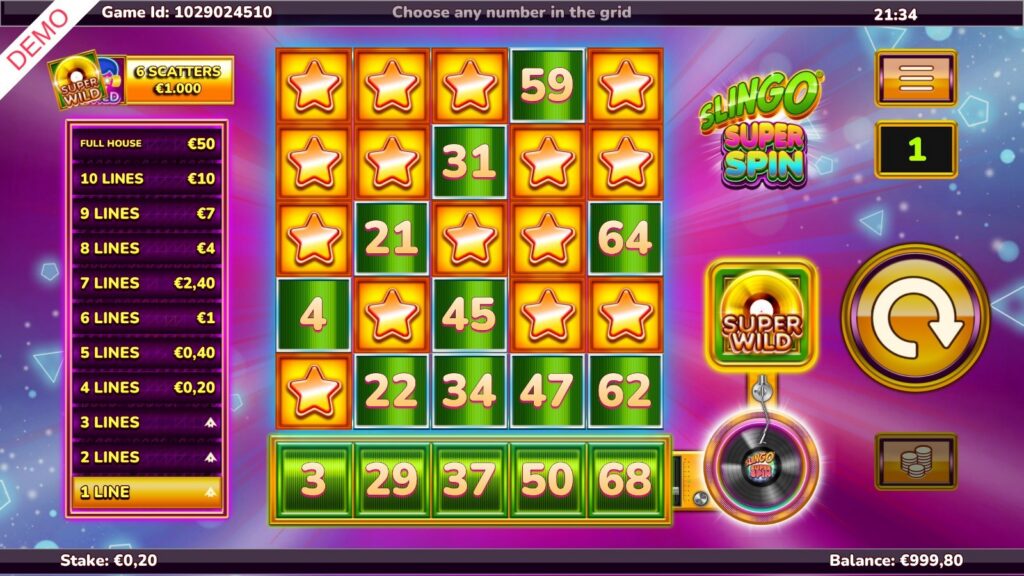 Super Wild in the Slingo Super Spin box with every unmarked number shown in green