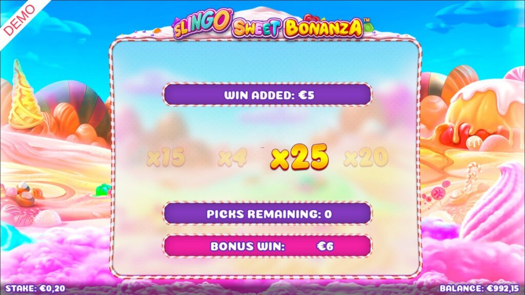 Slingo Sweet Bonanza Bomb Bonus pick revealing x25 beside bombs worth x15, x4 and x20