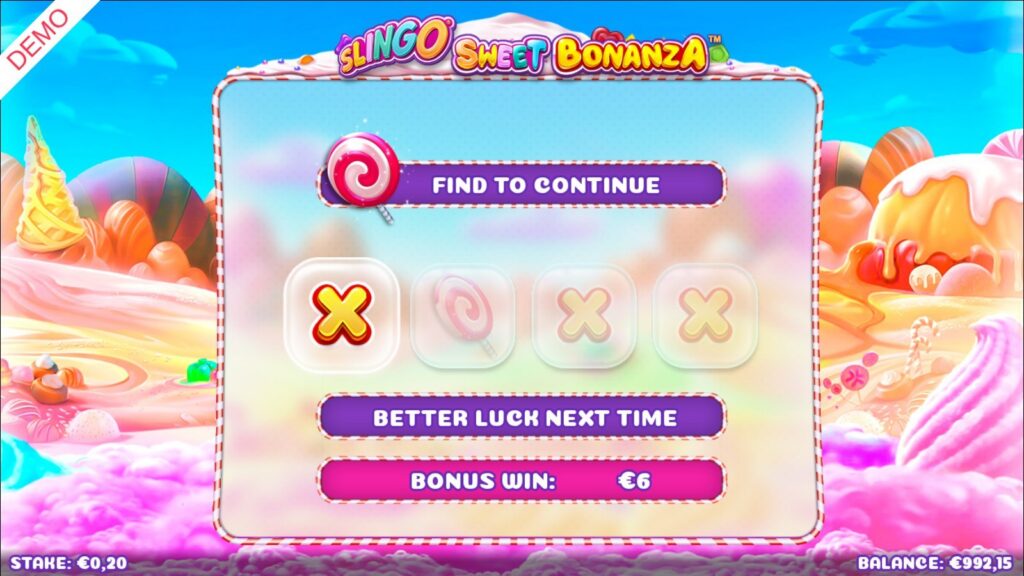 Find to Continue lollipop screen in Slingo Sweet Bonanza showing an X picked and the lollipop in the next tile