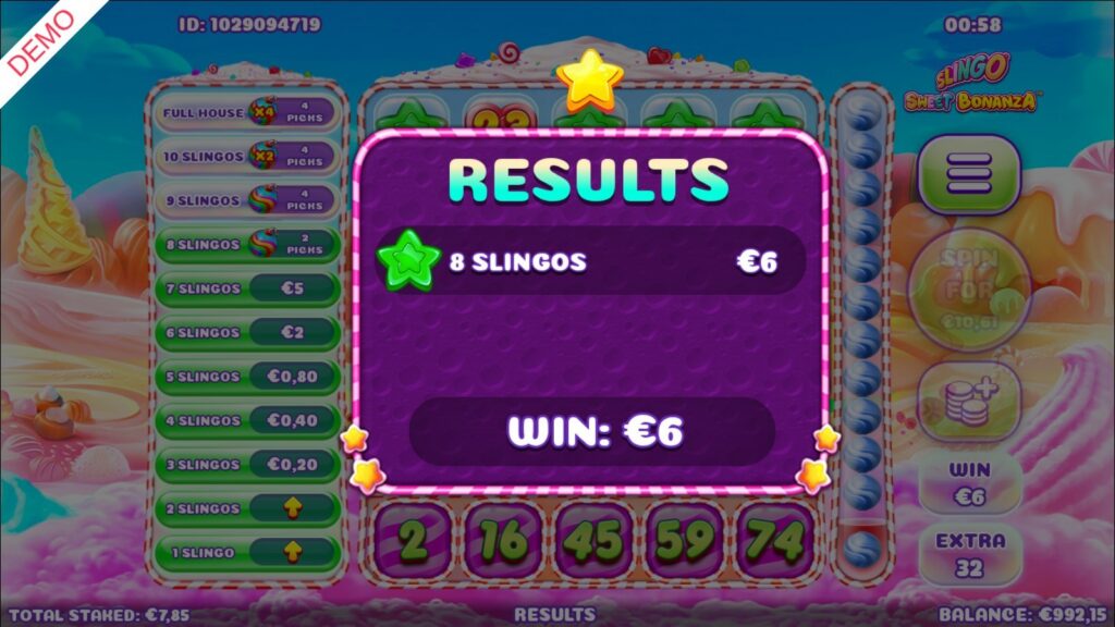 Slingo Sweet Bonanza results panel showing 8 Slingos and a €6 win