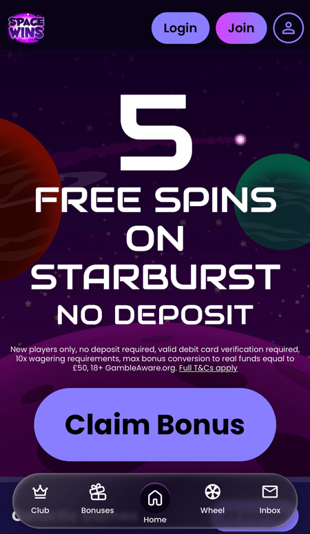 Space Wins mobile site with planets floating behind the no deposit free spins banner